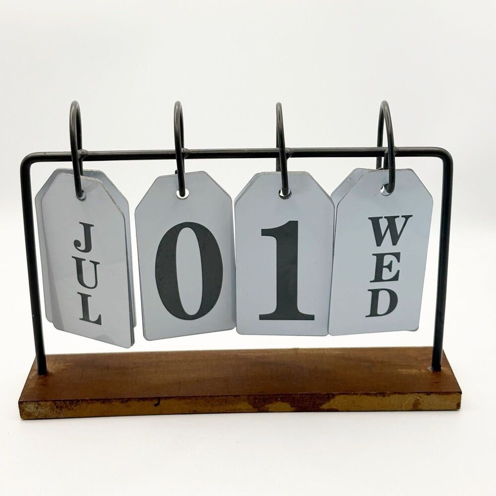 Metal Flip Desk Calendar with Wooden Base Daily Perpetual Home Office Supplies